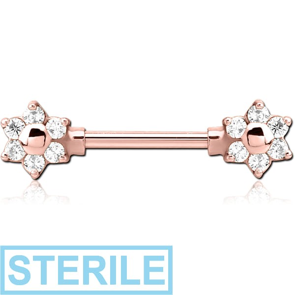 STERILE ROSE GOLD PVD COATED SURGICAL STEEL JEWELLED NIPPLE BAR - FLOWER