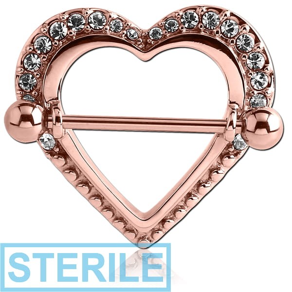 STERILE ROSE GOLD PVD COATED SURGICAL STEEL JEWELLED NIPPLE SHILED - HEART