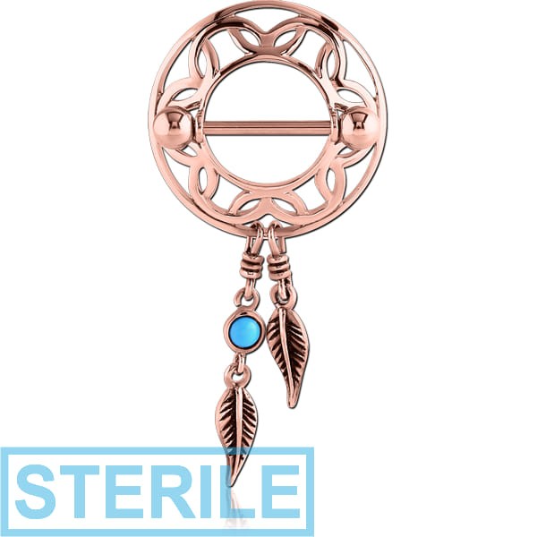 STERILE ROSE GOLD PVD COATED SURGICAL STEEL TURQUOISE DREAMCATCHER WITH FEATHERS NIPPLE SHIELD