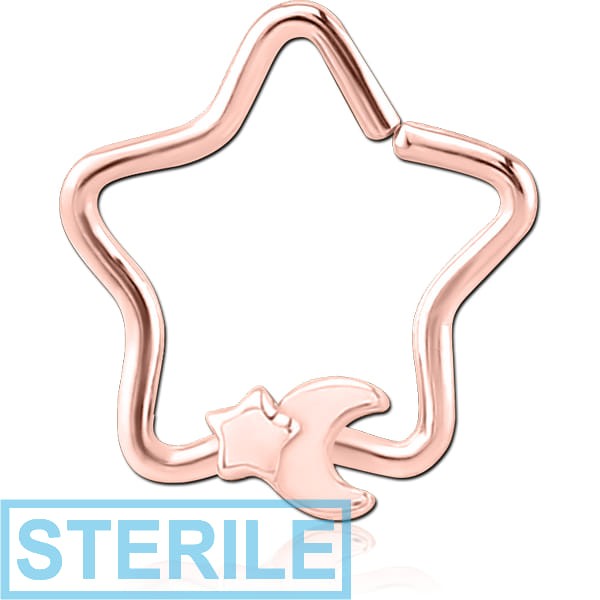 STERILE ROSE GOLD PVD COATED SURGICAL STEEL OPEN STAR SEAMLESS RING - CRESCENT AND STAR