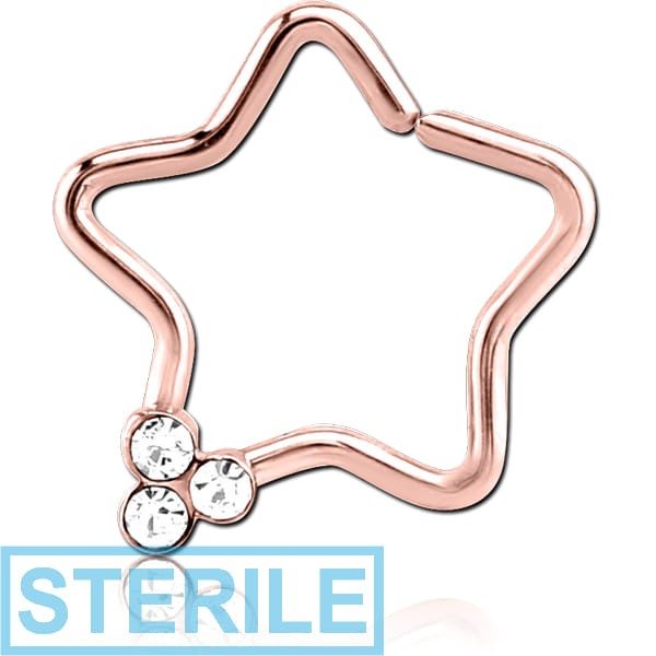 STERILE ROSE GOLD PVD COATED SURGICAL STEEL TIRPLE GEM JEWELLED OPEN STAR SEAMLESS RING