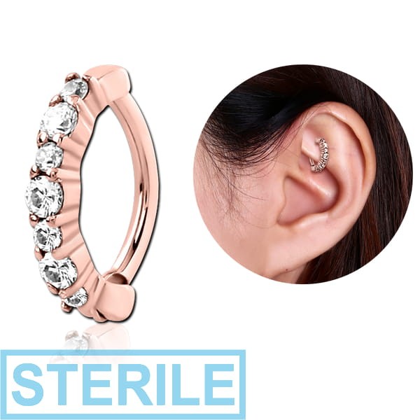 STERILE ROSE GOLD PVD COATED SURGICAL STEEL PRONG SET JEWELLED ROOK CLICKER - ZEBRA 1.5MM AND 2MM STONES