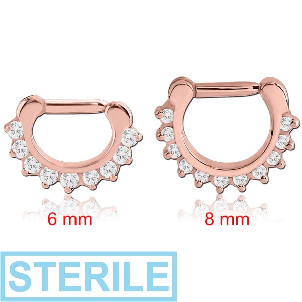 STERILE ROSE GOLD PVD COATED SURGICAL STEEL ROUND PRONG SET JEWELLED HINGED SEPTUM CLICKER RING