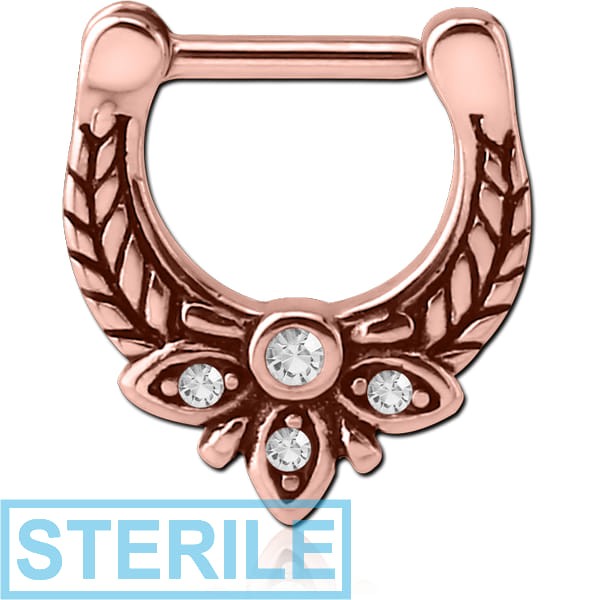 STERILE ROSE GOLD PVD COATED SURGICAL STEEL JEWELLED HINGED SEPTUM CLICKER - FILIGREE
