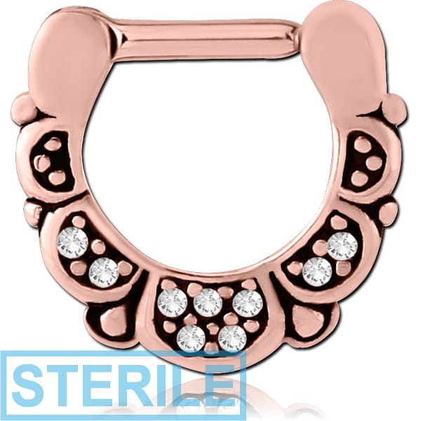 STERILE ROSE GOLD PVD COATED SURGICAL STEEL JEWELLED HINGED SEPTUM CLICKER - FILIGREE