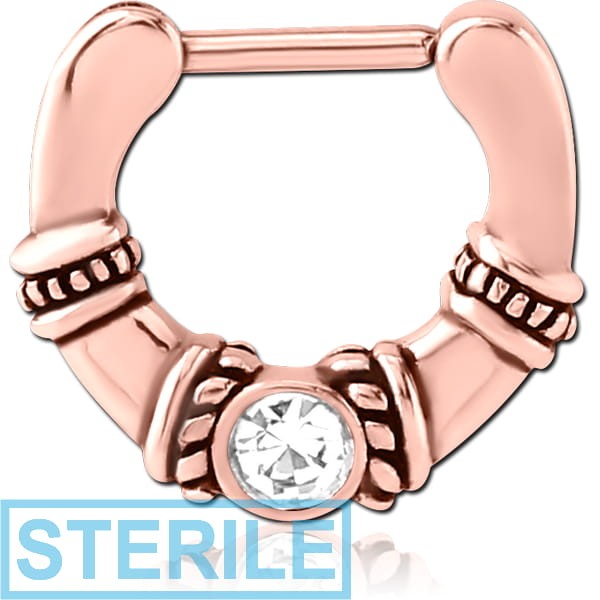 STERILE ROSE GOLD PVD COATED SURGICAL STEEL JEWELLED HINGED SEPTUM CLICKER - FILIGREE