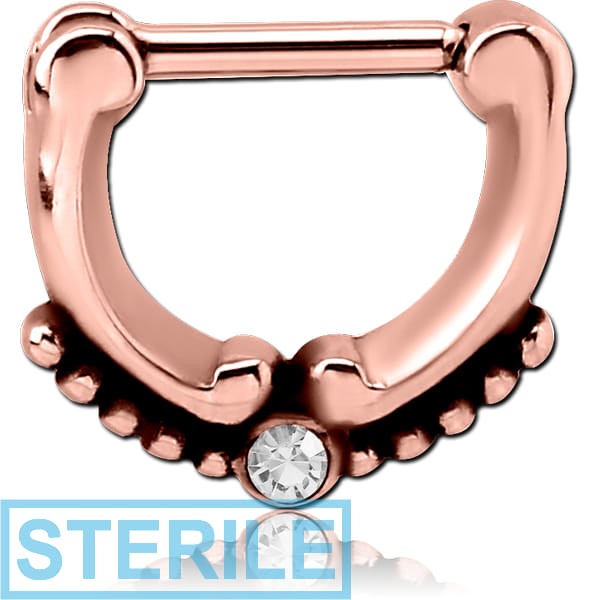 STERILE ROSE GOLD PVD COATED SURGICAL STEEL ROUND JEWELLED HINGED SEPTUM CLICKER