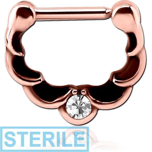 STERILE ROSE GOLD PVD COATED SURGICAL STEEL ROUND JEWELLED HINGED SEPTUM CLICKER