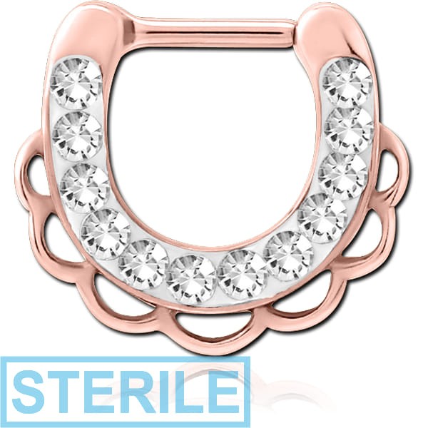 STERILE ROSE GOLD PVD COATED SURGICAL STEEL ROUND CRYSTALINE JEWELLED HINGED SEPTUM CLICKER