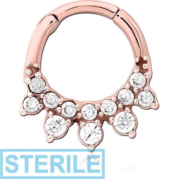 STERILE ROSE GOLD PVD COATED SURGICAL STEEL JEWELLED HINGED SEPTUM CLICKER RING