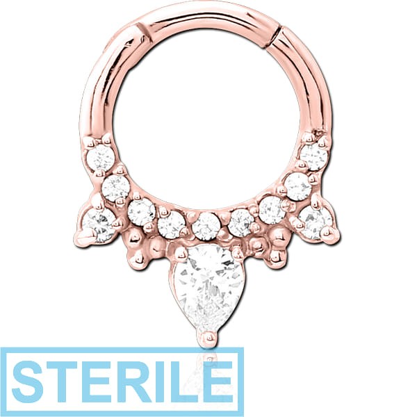 STERILE ROSE GOLD PVD COATED SURGICAL STEEL JEWELLED HINGED SEPTUM CLICKER RING