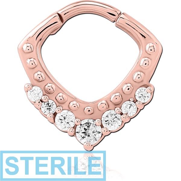 STERILE ROSE GOLD PVD COATED SURGICAL STEEL JEWELLED HINGED SEPTUM CLICKER RING