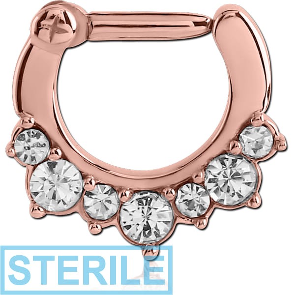 STERILE ROSE GOLD PVD COATED SURGICAL STEEL ROUND JEWELLED HINGED SEPTUM CLICKER