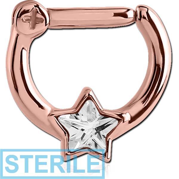 STERILE ROSE GOLD PVD COATED SURGICAL STEEL STAR JEWELLED HINGED SEPTUM CLICKER