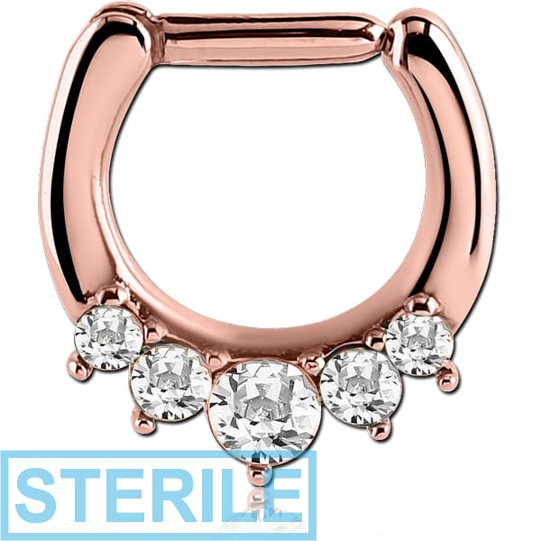 STERILE ROSE GOLD PVD COATED SURGICAL STEEL ROUND HIGH END CRYSTALS JEWELLED HINGED SEPTUM CLICKER