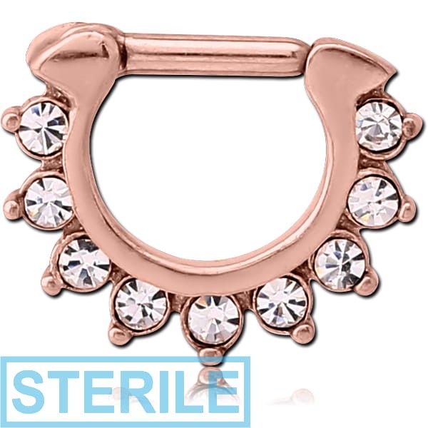 STERILE ROSE GOLD PVD COATED SURGICAL STEEL ROUND JEWELLED HINGED SEPTUM CLICKER