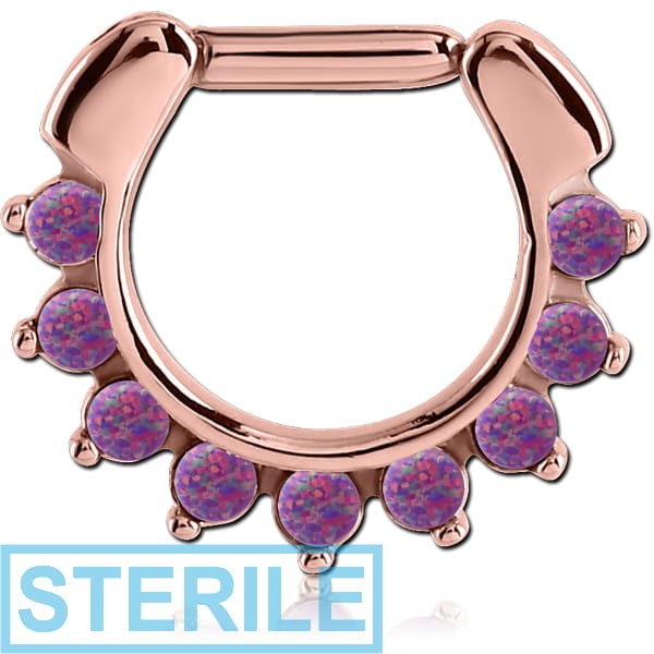 STERILE ROSE GOLD PVD COATED SURGICAL STEEL ROUND SYNTHETIC OPAL HINGED SEPTUM CLICKER