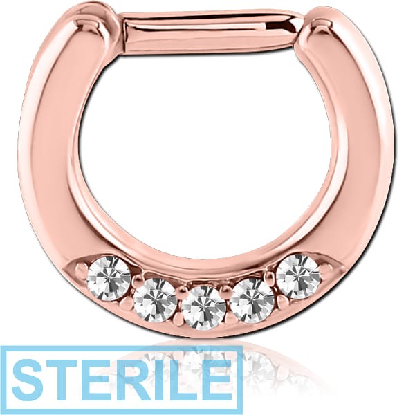 STERILE ROSE GOLD PVD COATED SURGICAL STEEL ROUND JEWELLED HINGED SEPTUM CLICKER
