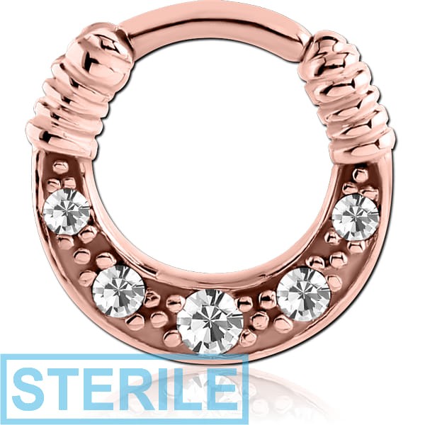 STERILE ROSE GOLD PVD COATED SURGICAL STEEL ROUND JEWELLED HINGED SEPTUM CLICKER