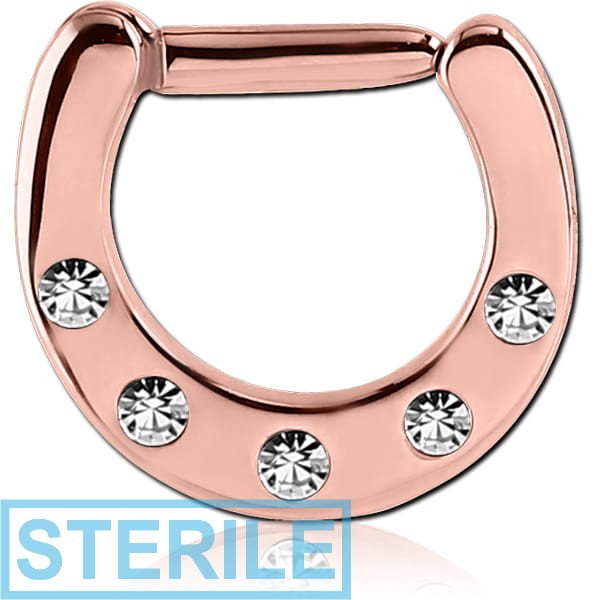 STERILE ROSE GOLD PVD COATED SURGICAL STEEL ROUND JEWELLED HINGED SEPTUM CLICKER