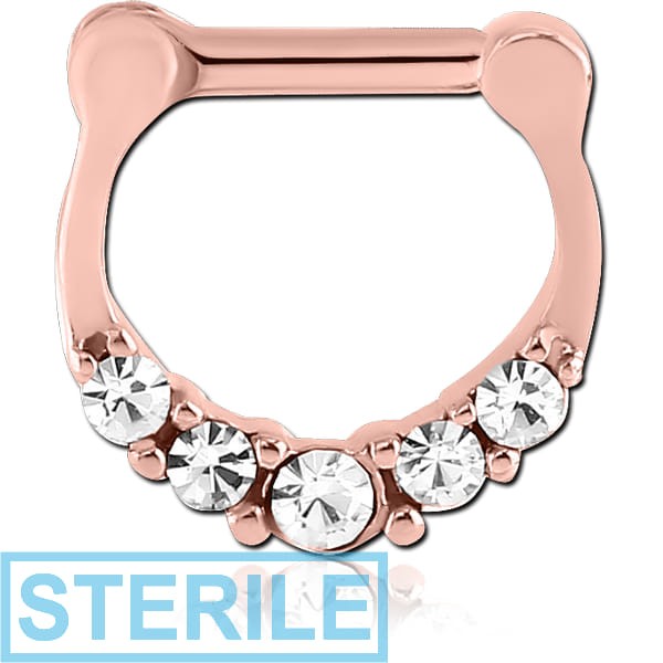 STERILE ROSE GOLD PVD COATED SURGICAL STEEL ROUND JEWELLED HINGED SEPTUM CLICKER