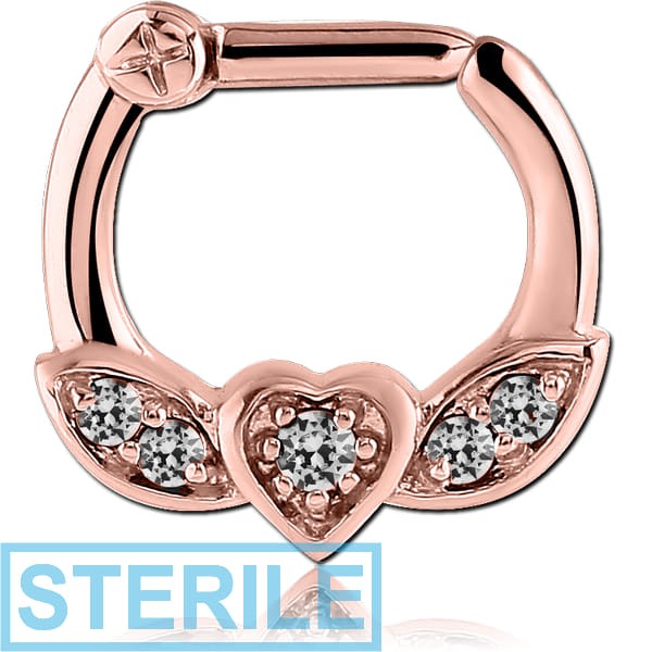 STERILE ROSE GOLD PVD COATED SURGICAL STEEL WINGED HEART PRONG SET JEWELLED HINGED SEPTUM CLICKER