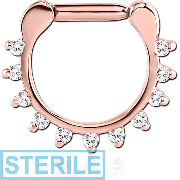 STERILE ROSE GOLD PVD COATED SURGICAL STEEL ROUND PRONG SET JEWELLED HINGED SEPTUM CLICKER