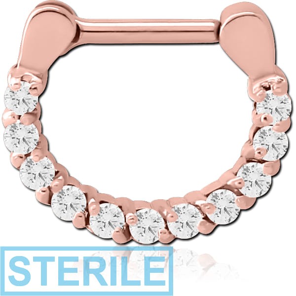STERILE ROSE GOLD PVD COATED SURGICAL STEEL ROUND PRONG SET JEWELLED HINGED SEPTUM CLICKER