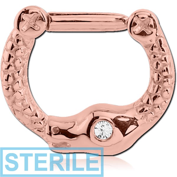 STERILE ROSE GOLD PVD COATED SURGICAL STEEL JEWELLED SNAKE HINGED SEPTUM CLICKER