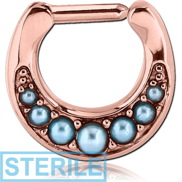 STERILE ROSE GOLD PVD COATED SURGICAL STEEL ROUND JEWELLED HINGED SEPTUM CLICKER