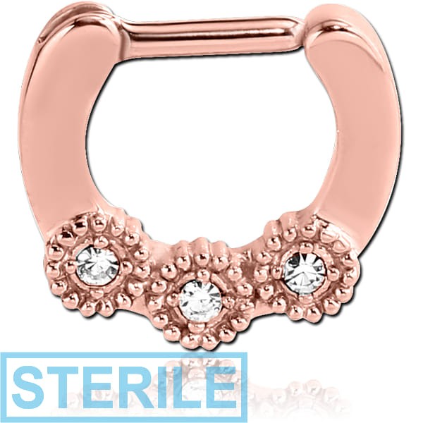 STERILE ROSE GOLD PVD COATED SURGICAL STEEL ROUND JEWELLED HINGED SEPTUM CLICKER