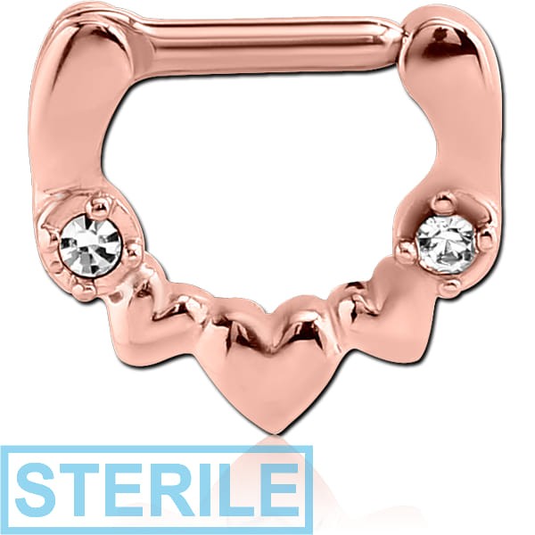 STERILE ROSE GOLD PVD COATED SURGICAL STEEL JEWELLED HINGED SEPTUM CLICKER - HEART