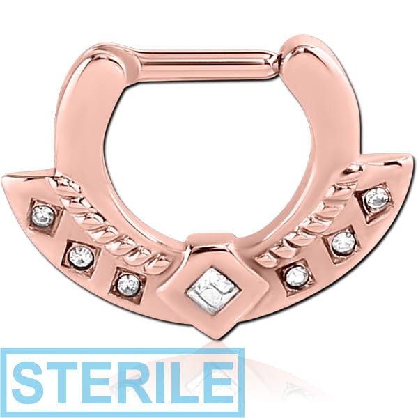 STERILE ROSE GOLD PVD COATED SURGICAL STEEL PREMIUM CRYSTAL JEWELLED HINGED SEPTUM CLICKER