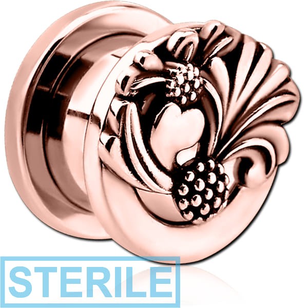 STERILE ROSE GOLD PVD COATED STAINLESS STEEL THREADED TUNNEL WITH SURGICAL STEEL TOP
