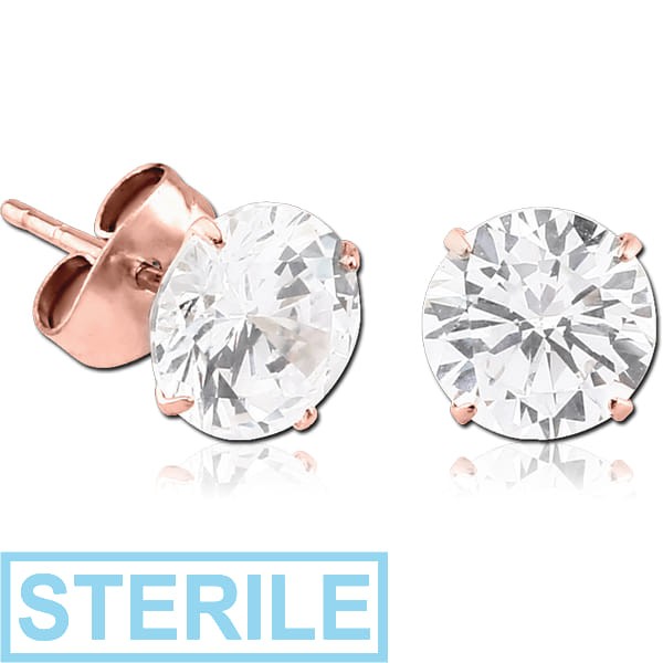 STERILE ROSE GOLD PVD COATED SURGICAL STEEL ROUND PRONG SET JEWELLED EAR STUDS PAIR
