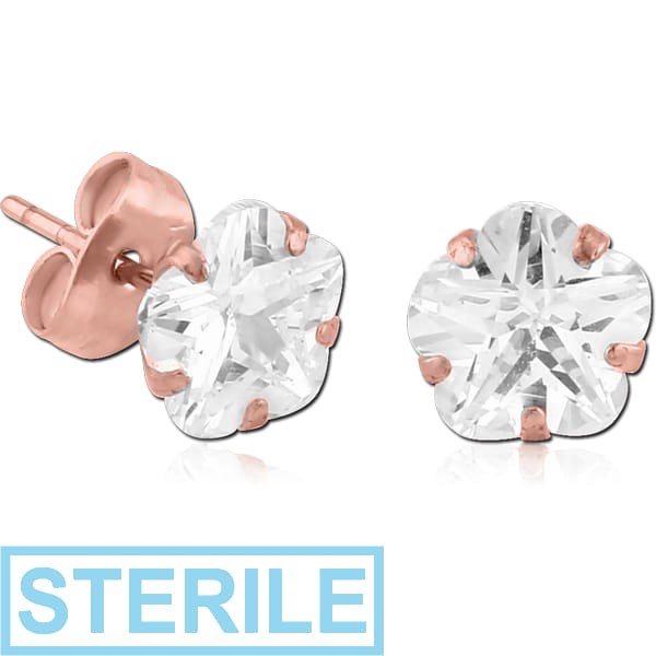 STERILE ROSE GOLD PVD COATED SURGICAL STEEL FLOWER PRONG SET JEWELLED EAR STUDS PAIR