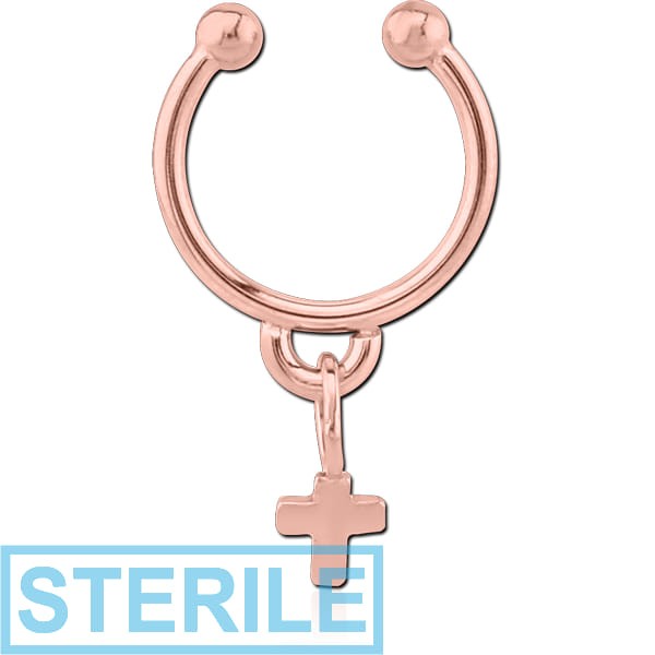 STERILE ROSE GOLD PVD COATED SURGICAL STEEL FAKE SEPTUM RING WITH CHARM - CROSS