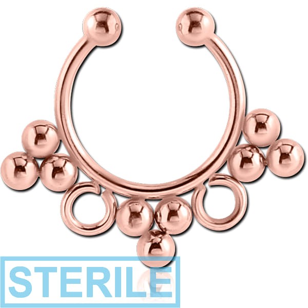 STERILE ROSE GOLD PVD COATED SURGICAL STEEL FAKE SEPTUM RING - 9 BALLS AND 2 RINGS