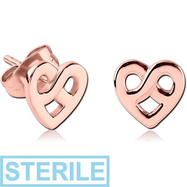 STERILE STERLING SILVER 925 ROSE GOLD PVD COATED EAR STUDS PAIR - HEART