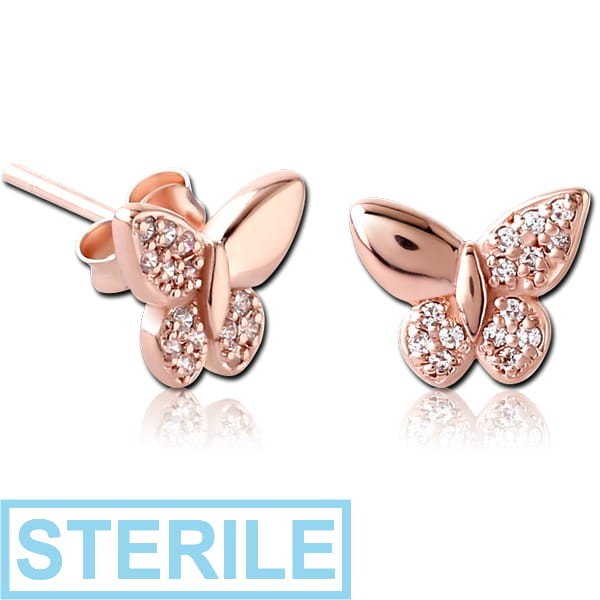 STERILE STERLING SILVER 925 ROSE GOLD PVD COATED JEWELLED EAR STUDS PAIR - BUTTERFLY