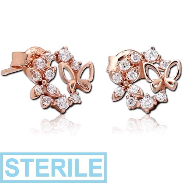 STERILE STERLING SILVER 925 ROSE GOLD PVD COATED JEWELLED EAR STUDS PAIR