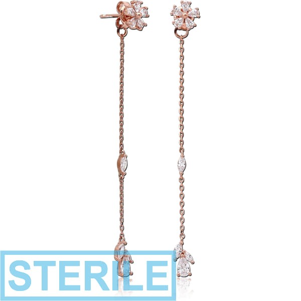 STERILE STERLING SILVER 925 ROSE GOLD PVD COATED JEWELLED CHAIN EAR STUDS PAIR