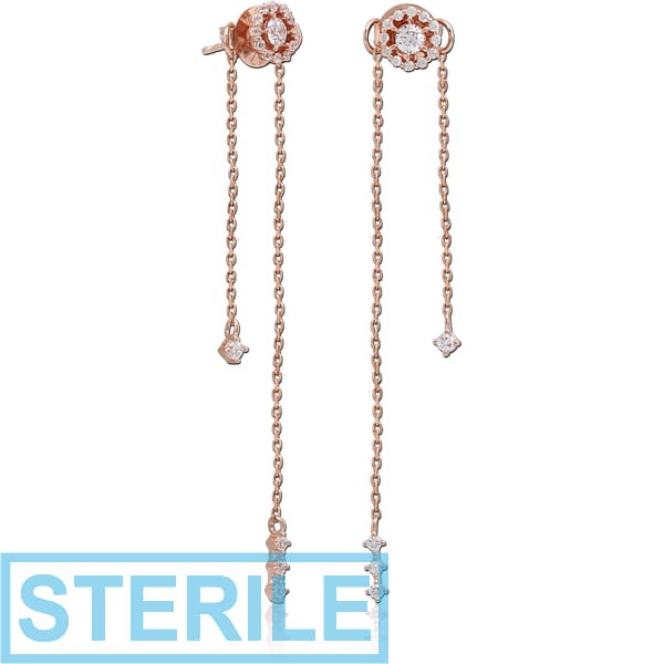 STERILE STERLING SILVER 925 ROSE GOLD PVD COATED JEWELLED CHAIN EAR STUDS PAIR