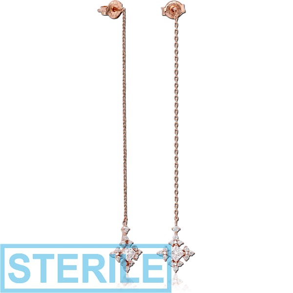 STERILE STERLING SILVER 925 ROSE GOLD PVD COATED JEWELLED CHAIN EAR STUDS PAIR