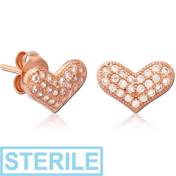 STERILE STERLING SILVER 925 ROSE GOLD PVD COATED JEWELLED EAR STUDS PAIR - HEART