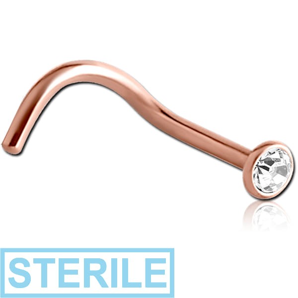 STERILE ROSE GOLD PVD COATED TITANIUM PREMIUM CRYSTAL JEWELLED CURVED NOSE STUD