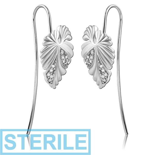 STERILE STERLING SILVER 925 RHODIUM PLATED JEWELLED EARRINGS PAIR - LEAF