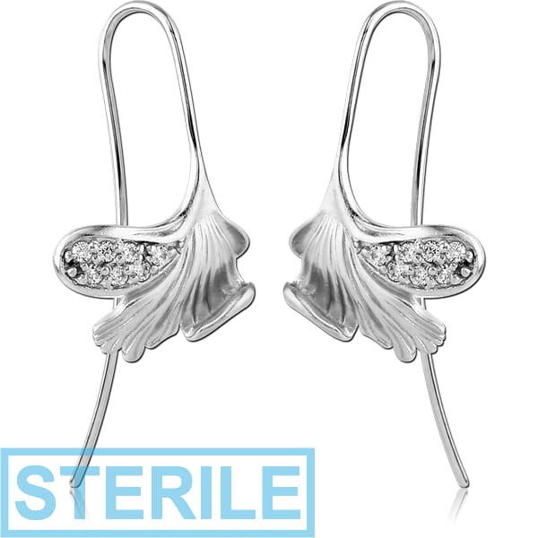 STERILE STERLING SILVER 925 RHODIUM PLATED JEWELLED EARRINGS PAIR - LEAF