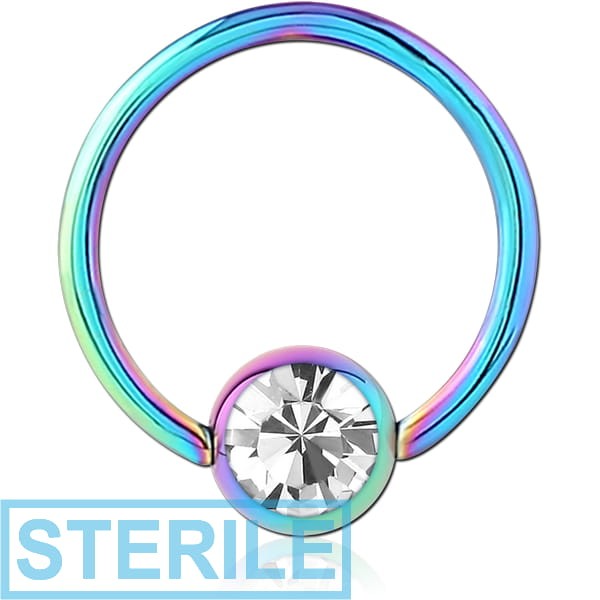 STERILE RAINBOW PVD COATED SURGICAL STEEL HIGH END CRYSTAL JEWELLED BALL CLOSURE RING