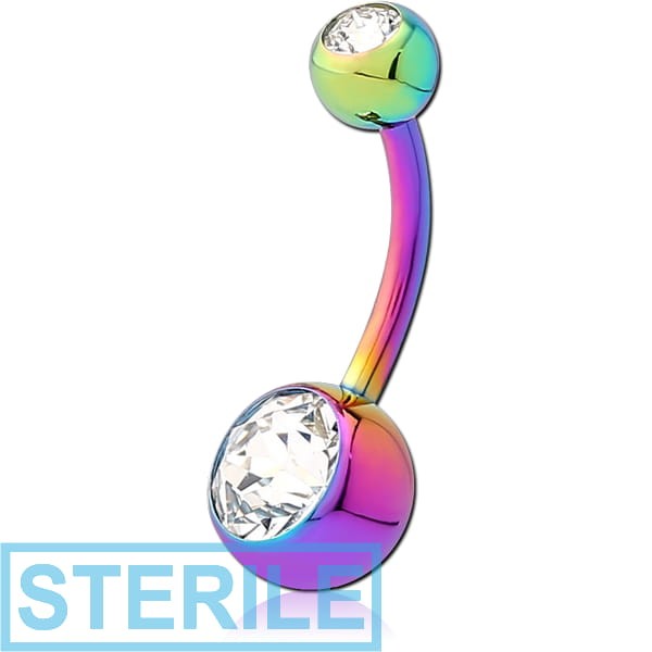 STERILE RAINBOW PVD COATED SURGICAL STEEL DOUBLE HIGH END CRYSTALS JEWELLED NAVEL BANANA